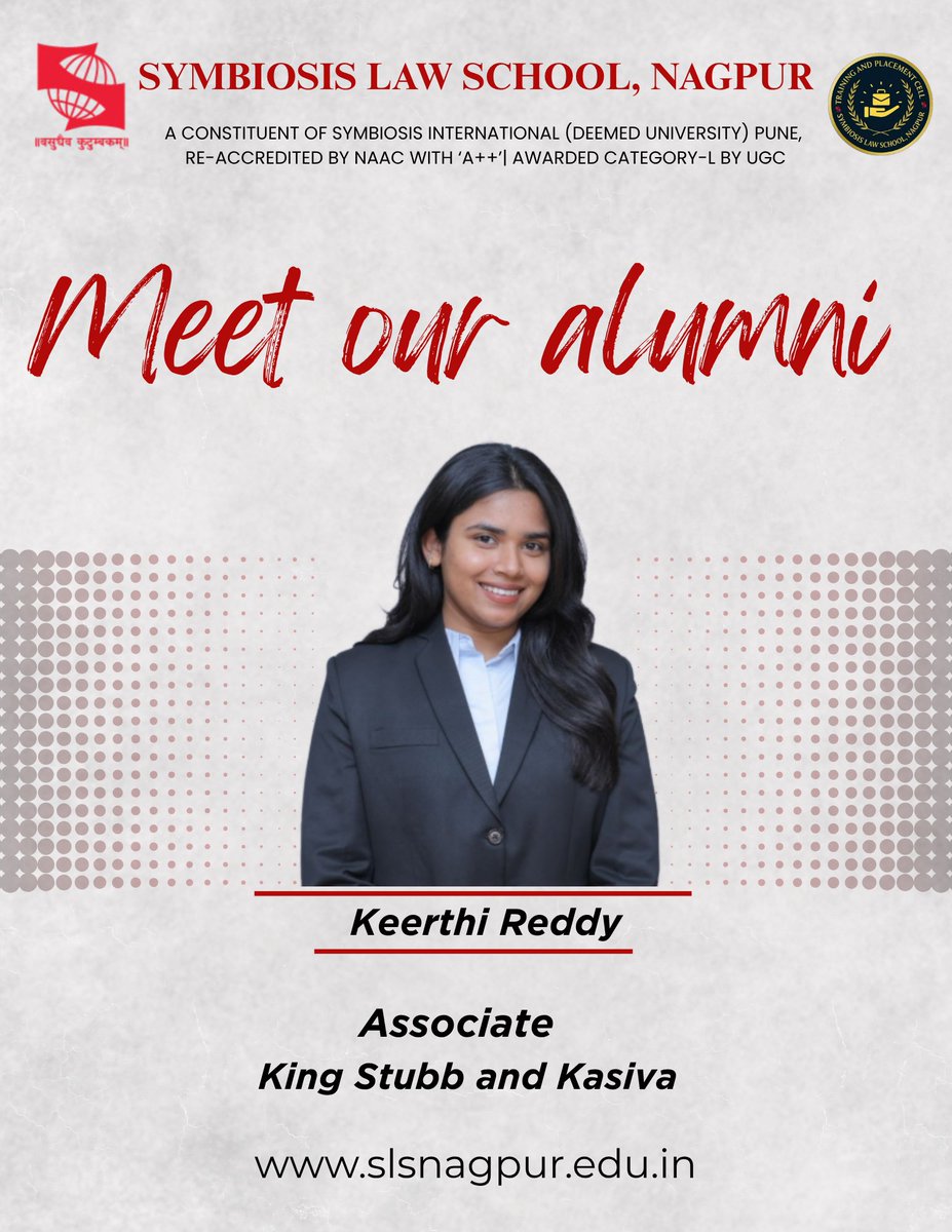 Proud to celebrate our distinguished alumna Keerthi Reddy, associated with King Stubb &amp; Kasiva. Her journey of dedication and excellence continues to inspire the SLS Nagpur community. Wishing her continued success ahead.

#SLSNagpur #AlumniSpotlight #ProudAlumni #SuccessStory
