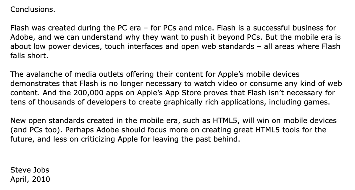 aaronp613's tweet photo. Steve Jobs published an open letter called "Thoughts on Flash" 16 years ago today

Below is a glimpse of that letter https://t.co/IGERPXouuE