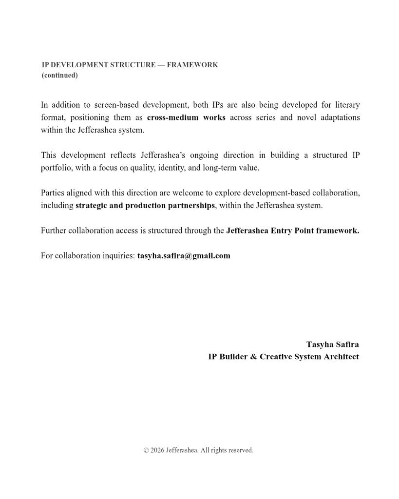 JEFFERASHEA's tweet photo. Collaboration Announcement — Jefferashea IP Development Structure.

Two original IPs currently in development, with strategic collaboration opportunities within the system framework.

Further access is structured through the Jefferashea Entry Point.

#Jefferashea
#TasyhaSafira https://t.co/VqpeVUwGlP