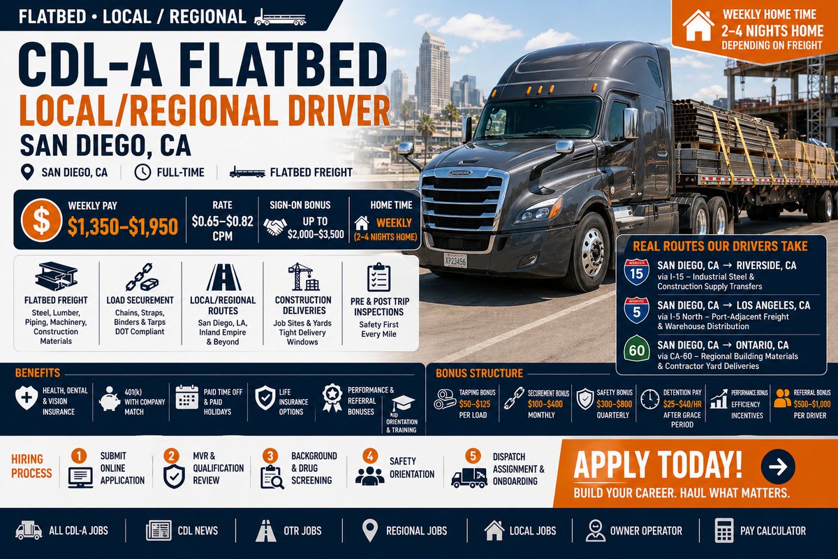 CDLAJobsUSA's tweet image. FLATBED CDL-A — San Diego, CA
💰 $1,350–$1,950/week | 🏠 Weekly home
Steel &amp;amp; construction loads, local/regional routes
🔥 $0.65–$0.82 CPM + up to $3,500 bonus
📍 San Diego, LA, Riverside, Ontario
👉 cdlajobsusa.com/cdl-a-flatbed-…
#CDLjobs #Flatbed #RegionalDriver #NowHiring