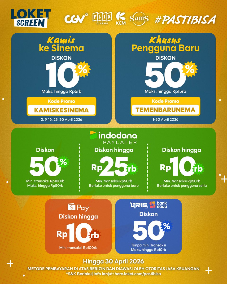 loketscreen's tweet image. Kalau mau nonton di bioskop-bioskop di atas, beli tiketnya di LOKET Screen aja! Karena #PASTIBISA dapetin banyak promo yang bikin kamu makin cuan, klik screenapp.loket.com/#/home ya 😉

#LOKETScreen #NowSCREENing
_________________________

Kumpulin Nema Stamps dan dapetin tiket
