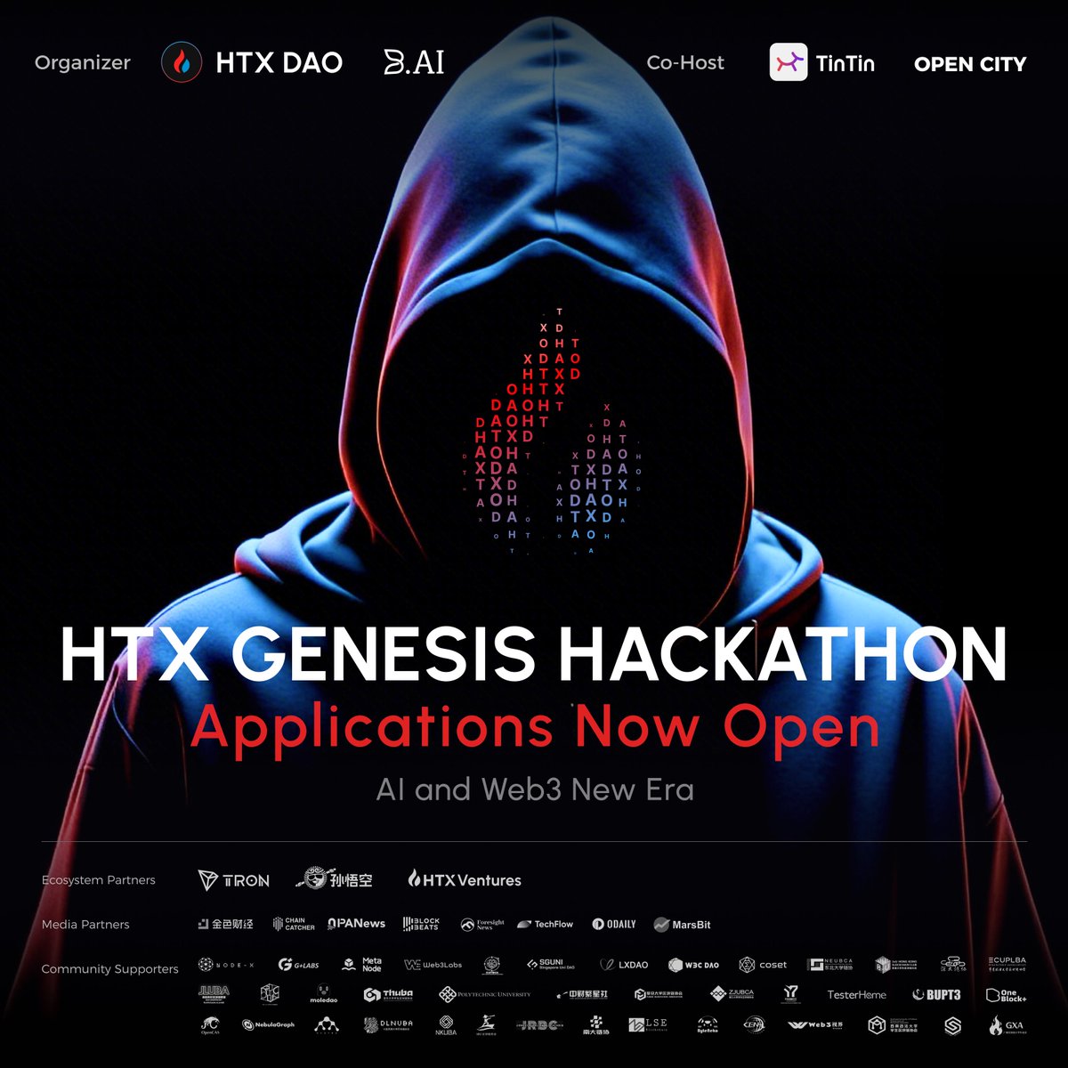 HTX_DAO's tweet photo. 🚀HTX Genesis Hackathon Now Open for Applications
Jointly organized by HTX DAO and https://t.co/8EUfpNeqUq @BAI_AGI
, and co-hosted by TinTinLand and OpenCity,
the HTX Genesis Hackathon is calling for 100 top-tier teams worldwide.
Together, we aim to build the next generation of AI and Web3 applications.
🙌Focus Areas
��� Innovative applications such as AI Agents and LLM-based solutions
• DeFi, RWA, DAO tooling, and other Web3 infrastructure innovations
• Any cross-disciplinary or experimental innovation under the Genesis track
🙌Participation Requirements
• All submissions must be original projects.
• Final deliverables must be open-sourced.
• Teams are encouraged to integrate $HTX token as a utility layer or economic model design within their product (Eligible projects may receive additional scoring advantages and ecosystem support).
🙌Team Formation Rules
• Teams of 2–5 members
• Individual applications are accepted and Official organizers will assist in team matching.
⏰Deadline
15:59 (UTC) on June 20, 2026
📝Where to Register:
https://t.co/ytzdzcZF6M

🚀Join us in defining the next product cycle of the AI × Web3 era.
Build the future with the industry’s leading pioneers from the very beginning.
#AI #Web3 #Hackathon
