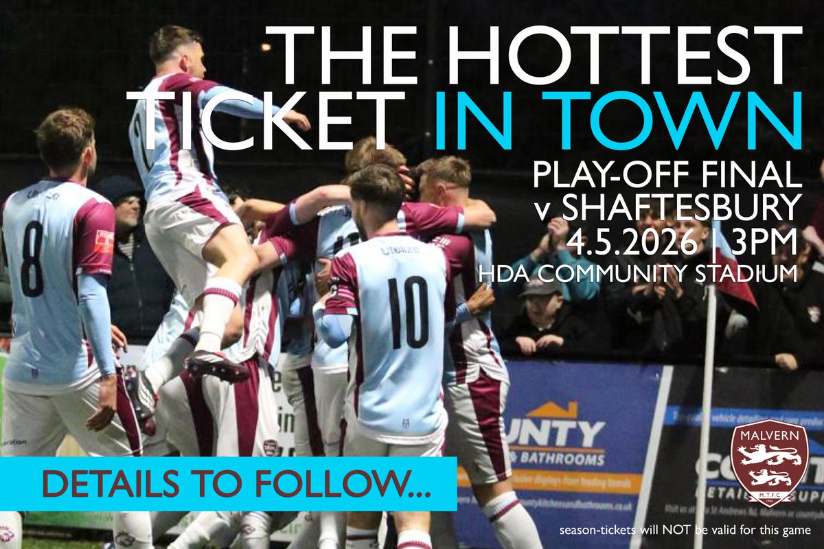 MalvernTown1946's tweet photo. 🔥THE HOTTEST TICKET IN TOWN | Ticket details coming soon for our Play-Off Final against @SFC1888 on Bank Holiday Monday, 4 May, 3pm here at the HDA Community Stadium...

#MakingMalvernProud https://t.co/WtJHVos9X1