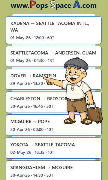 PopsSpaceA's tweet photo. ✈️ Pop just checked the terminals again.

Pop found a flight from DOVER to RAMSTEIN AB, GERMANY: 12T tentative seats, 29 APR 2026, 13:20 roll call. Check it out!

https://t.co/YYfaPOJTza

#PopsSpaceA #SpaceA #Dover #Ramstein https://t.co/l8Hjg0Y37O