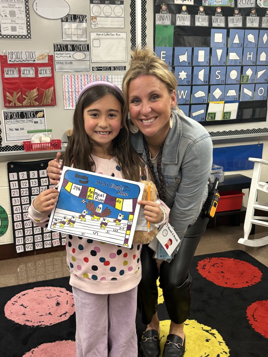 Avon_East's tweet photo. Today we got to announce the winner of the Bendix Eagle Run t-shirt design contest and it was our very own first grader, Stella!!!  Keep shining sweet girl- we are sooooo proud of you!!!💜🦅💛 https://t.co/yVmCl7CPJs