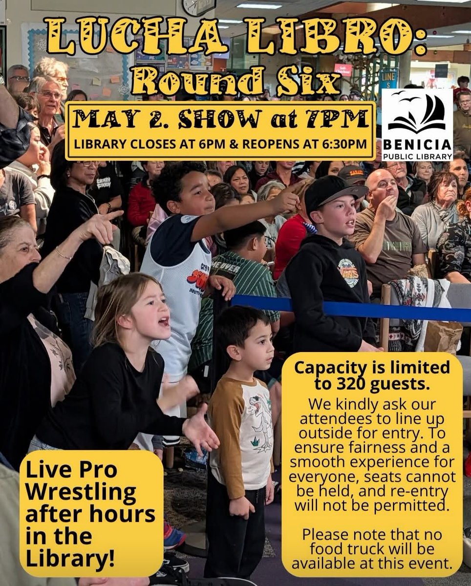 jaguarftf's tweet image. This #Saturday in #Benicia the #CatInTheStacks #JaguarMontoya RETURNS @luchalibro_ #Round6  
#Live #ProWrestling is happening again at the Library! Saturday (May 2), the show starts at 7PM, and the doors open at 6:30PM. 
Please line up outside for entry.