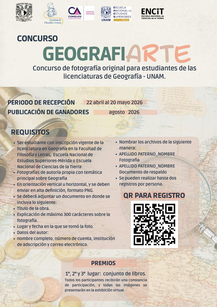 IGeografiaUNAM's tweet photo. Concurso de fotografía original para estudiantes de las licenciaturas de Geografía de la UNAM 📸 #GeografiArte 2026🤳

📝 Registro >>> https://t.co/YhfyWAv71q https://t.co/lLEerK1P4b