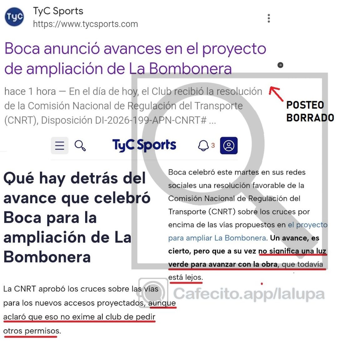 En TyC publicaron una nota reflejando los avances de Boca en las obras de su estadio. Se ve que fue demasiado benévola, porque al rato la bajaron y apareció otra donde básicamente te explican "qué hay detrás" del anuncio (algo esconden) y se esmeran por decirle a los hinchas que
