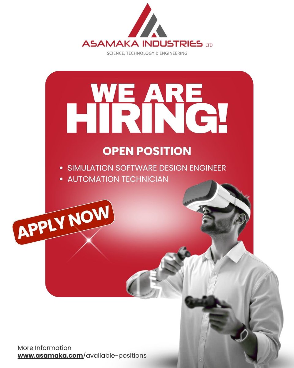 AsamakaIndustry's tweet image. 🚨 Open Position — We're Hiring!

✅ Simulation Software Design Engineer
✅ Automation Technician

🔗 Apply today → asamaka.com/available-posi…

#OpenPosition #WeAreHiring #Automation #Engineering