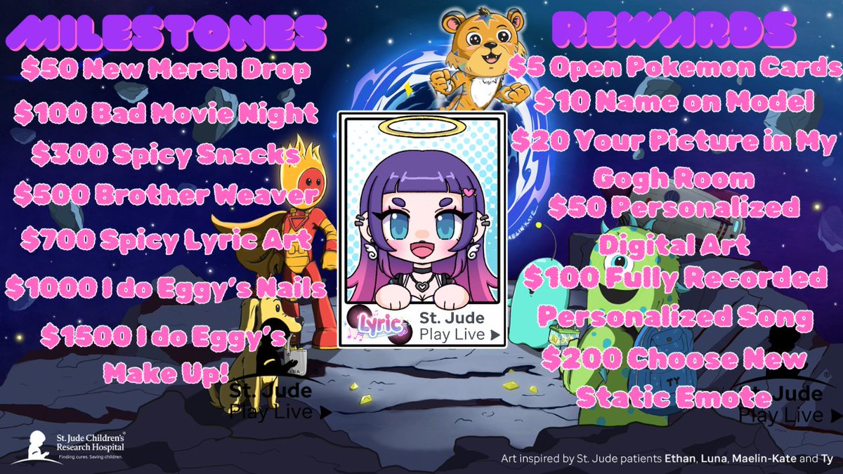 Lyric_Weaver_'s tweet photo. ITS TIIIIME FOR @StJudePLAYLIVE !! Here's the super cool milestones and rewards you can expect to unlock this month! https://t.co/4usYU4olXi https://t.co/x7VHeBFb3U