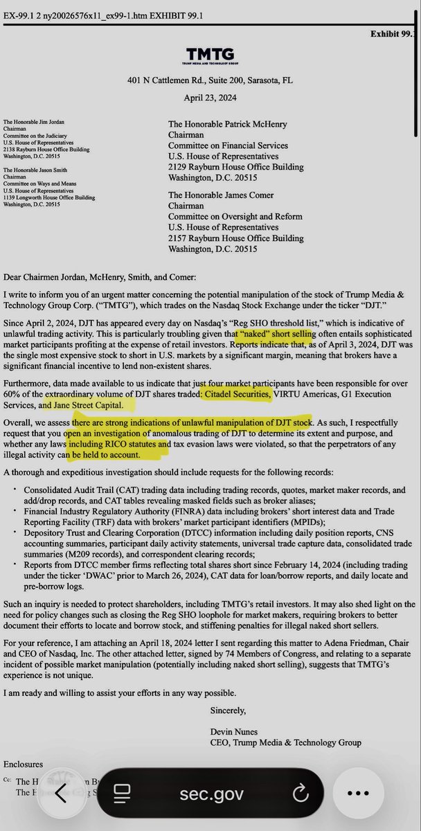 Welcome DOJ Fraud to X! <a href="/DOJFraudDiv/">National Fraud Enforcement Division</a> 

END NAKED SHORT SELLING!!!

Begin with the President’s Trump company $DJT which alleged naked shorting on its stock in April 2024. 

Then look into what really happened in 2021 with GameStop $GME