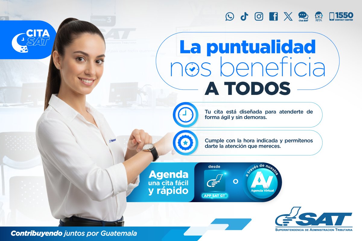 📲 Agenda una cita fácil y rápido desde la app SAT GT o #AgenciaVirtual

Recuerda que tu puntualidad nos permitirá ser más ágiles ✅ y darte la atención que mereces 🔝