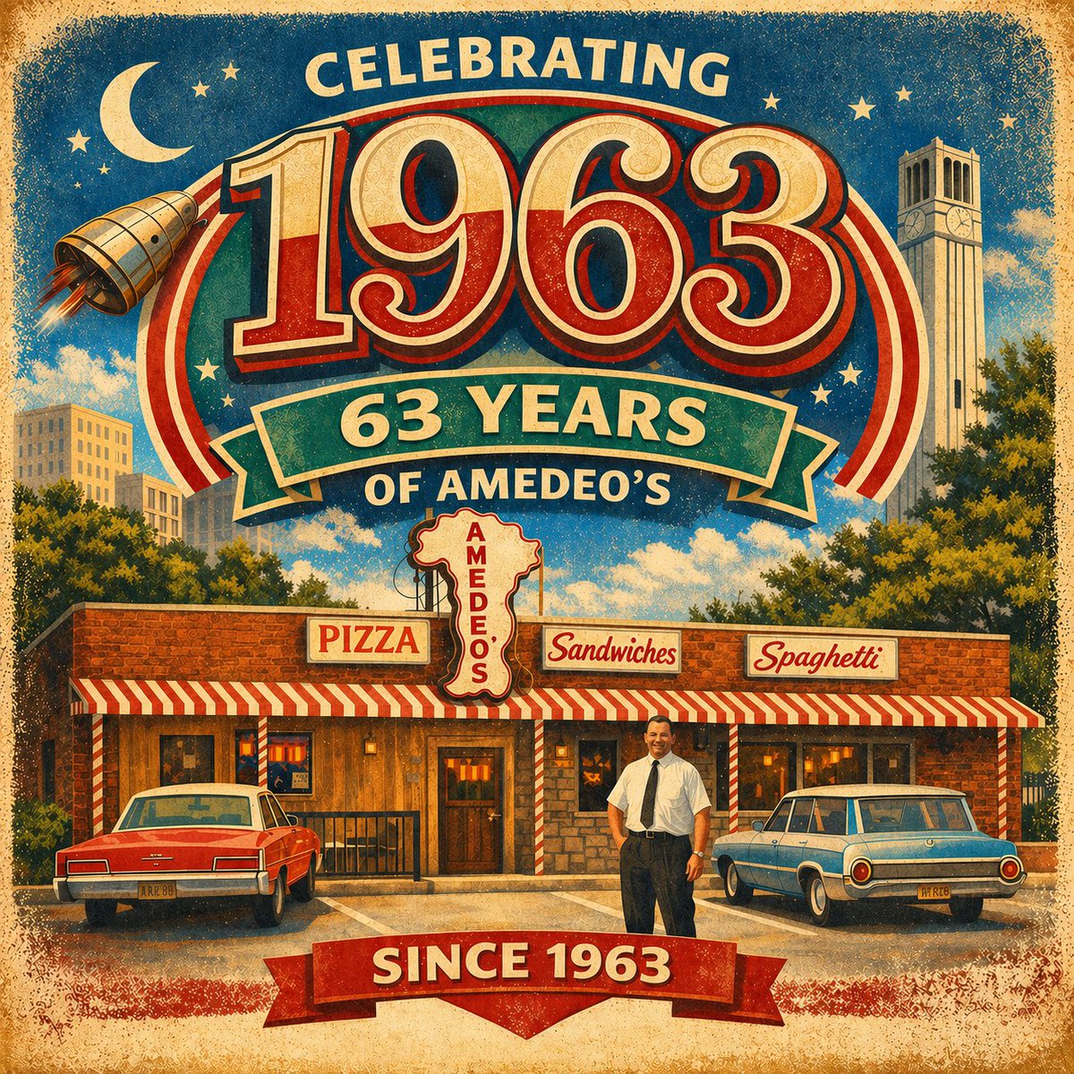 Amedeositalian's tweet image. Amedeo’s opened its doors in 1963. Now, 63 years later in 2026, we’re celebrating that history by looking back at the 1963 N&amp;amp;O stories &amp;amp; moments that shaped #Raleigh during our 1st year. Starting tonight, follow along &amp;amp; share so more folks can enjoy the journey with us. #GoPack