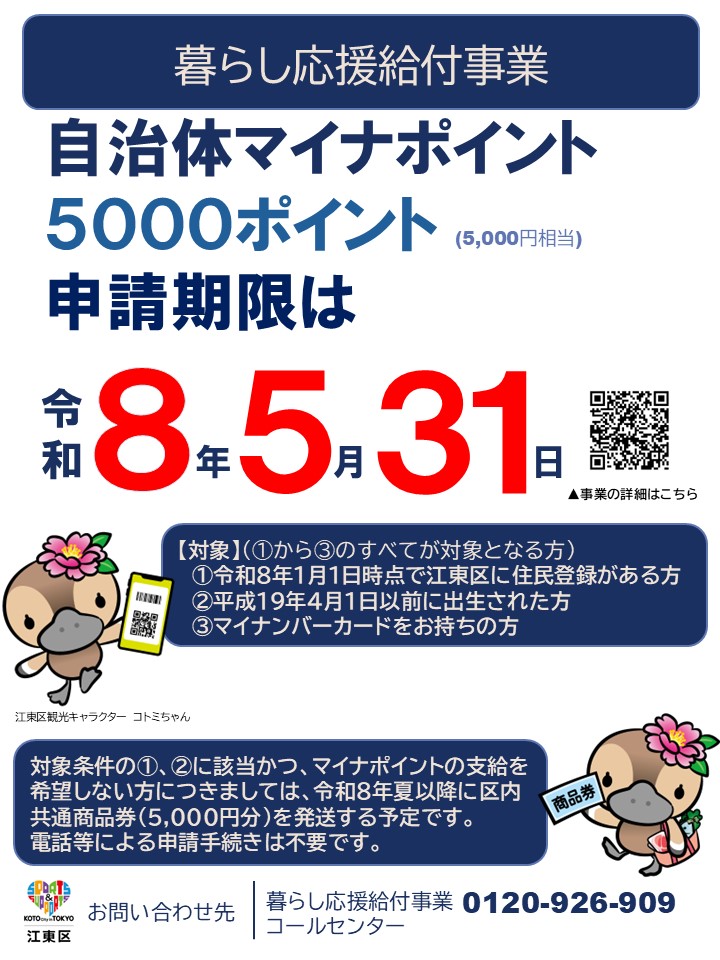 【暮らし応援給付事業　申請期限は5/31まで】

物価高対策として、5,000円相当のマイナポイントを給付しています。
ポイントの受取はPayPay・d払い・楽天ペイ・WAONから選べます。
※未受給の方には7月以降、区内共通商品券を発送予定

■申請期限
5/31(日)〆

詳細
city.koto.lg.jp/250510/2025_03…

#江東区