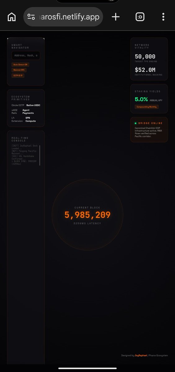 ZenderF59227's tweet photo. @Kiwi_Nod @i_B_Tech @pharos_network I vibe coded Pharos Horizon

 https://t.co/RXxfUlPlg0

its a kinetic, wallet-free OS for the Pharos L1. It
features a pulsing live RPC reactor, smart dev omni-input, and RealFi stats to
track the 50K TPS chain in real-time. @Kiwi_Nod 

0x3798116757d75c26cAce245672819cF581fB242c https://t.co/7J322S1XM9