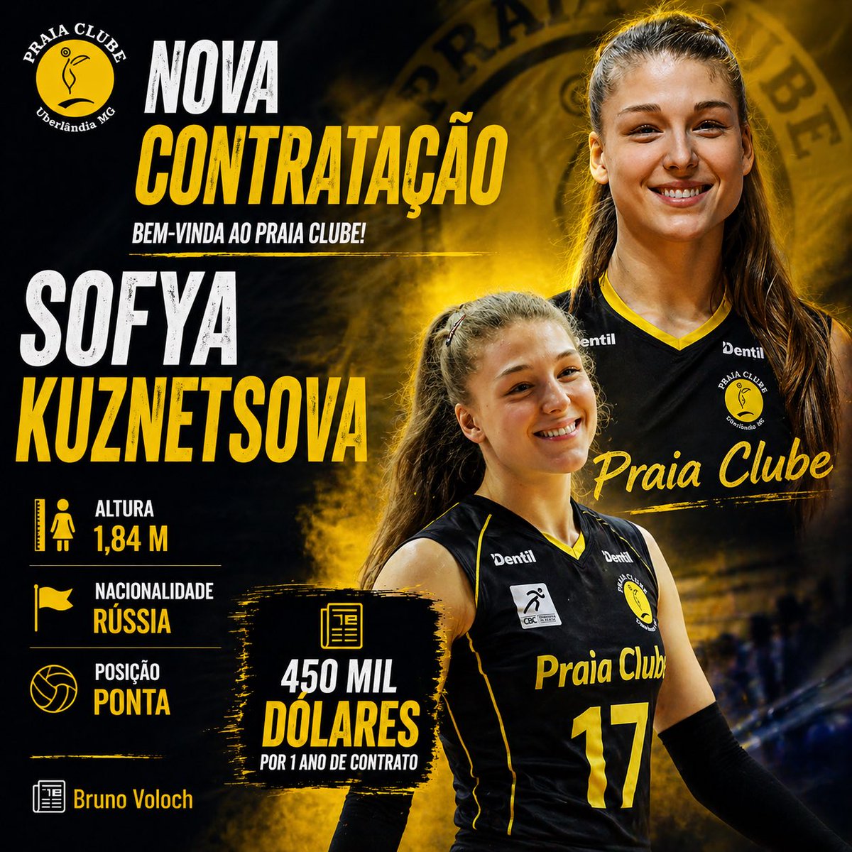 MILIONÁRIA! 💰🔥

Segundo o jornalista Bruno Voloch, a ponteira russa Sofya Kuznetsova está de volta ao Praia Clube após uma temporada no Japão. 🇯🇵

A jogadora assinou um contrato de 450 mil dólares — mais de 2 milhões de reais.

E aí, torcida praiana… aprovação total? 🏐💛