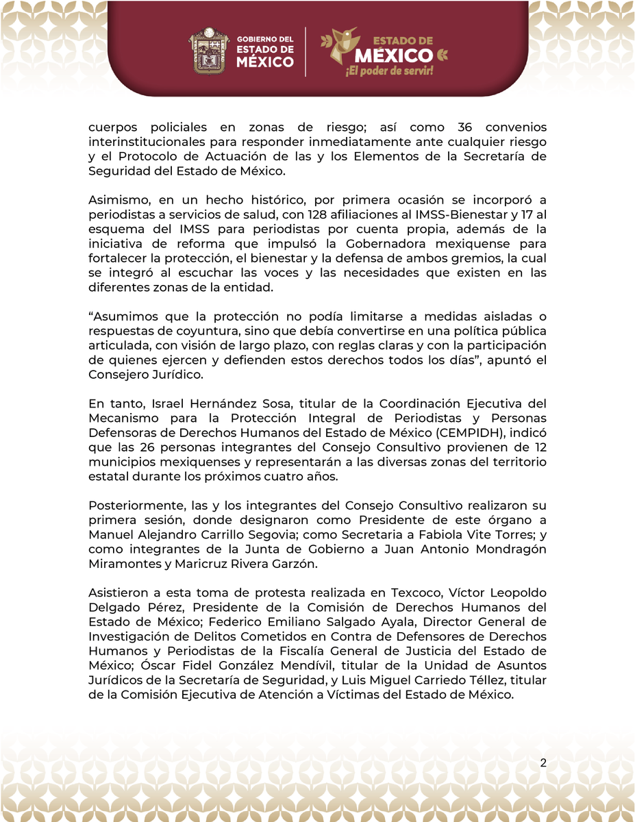 CJ_Edomex's tweet photo. #Comunicado | Instala Gobierno del @Edomex Consejo Consultivo para salvaguardar la integridad de periodistas y activistas.

🔹Rinden protesta 26 integrantes de este órgano, el cual será presidido por Manuel Alejandro Carrillo Segovia.

ℹ️Más info en https://t.co/PUTY8spNWO https://t.co/ax3zRAexDq