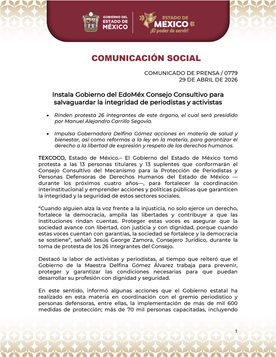 CJ_Edomex's tweet photo. #Comunicado | Instala Gobierno del @Edomex Consejo Consultivo para salvaguardar la integridad de periodistas y activistas.

🔹Rinden protesta 26 integrantes de este órgano, el cual será presidido por Manuel Alejandro Carrillo Segovia.

ℹ️Más info en https://t.co/PUTY8spNWO https://t.co/ax3zRAexDq