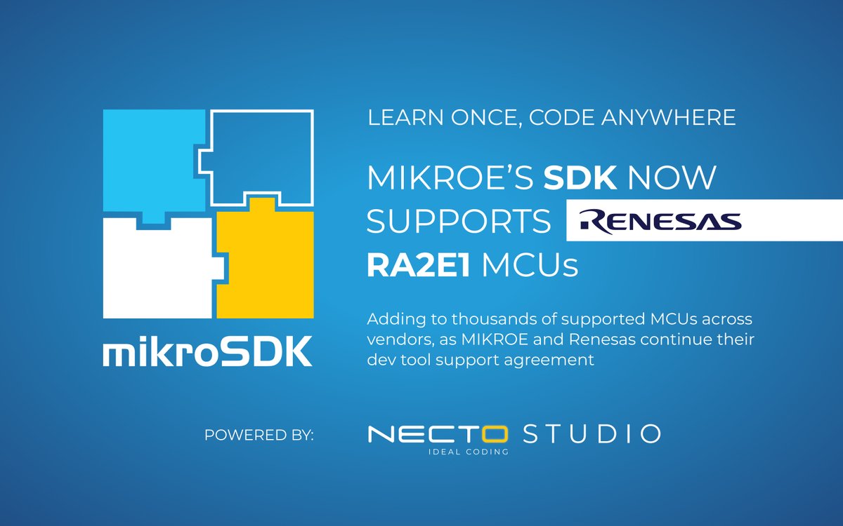embedded_online's tweet photo. Mikroe’s latest #mikroSDK software #developmentkit update adds support for the Renesas #RA2E1 family of low-power #MCUs. #embeddedcomputing https://t.co/pQOgzicTQf https://t.co/P7qDcGLIUw