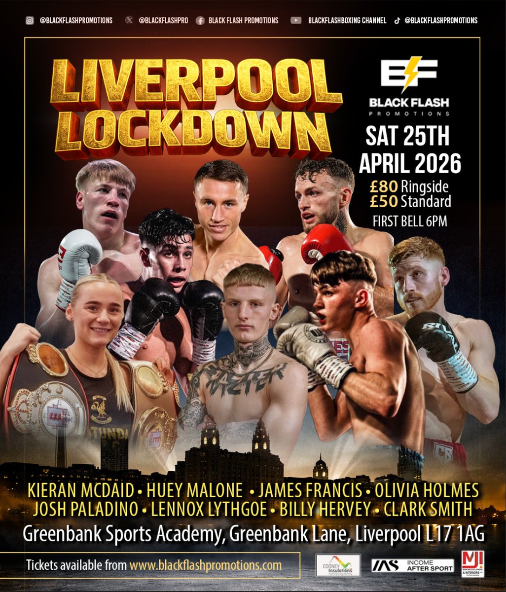 BlackFlashPromo's tweet photo. FIGHT DAY IS HERE 🔒🥊

Tonight, it all goes down at Greenbank Sports Academy.

Headlined by Clark Smith in the main event as Black Flash Promotions brings a stacked card to the city.

This is Liverpool Lockdown. https://t.co/QJye8lC9SR