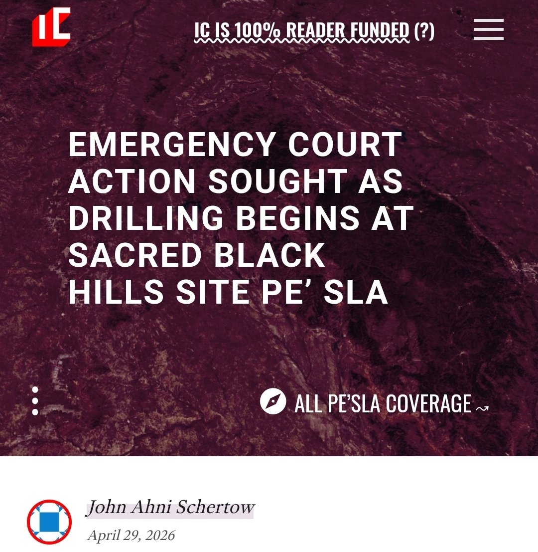 DecolonizeMyse1's tweet image. Tribal advocates have asked a federal court to immediately halt a graphite drilling project at Pe’ Sla, a site sacred to the #Lakota and other #Indigenous nations, warning that ongoing activity risks irreparable cultural and environmental harm.
icmagazine.org/emergency-cour…