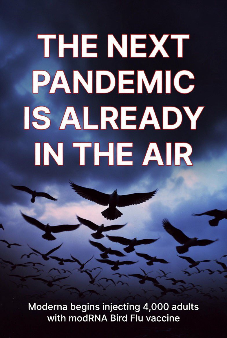 toobaffled's tweet image. Moderna has started injecting 4,000 adults with their new modRNA bird flu pandemic vaccine … funded with $54 million from Bill Gates’ vaccine cartel (CEPI).

Bird flu.
Again.
Right on schedule.
They’re not even pretending anymore.

First it was COVID, now they’re accelerating