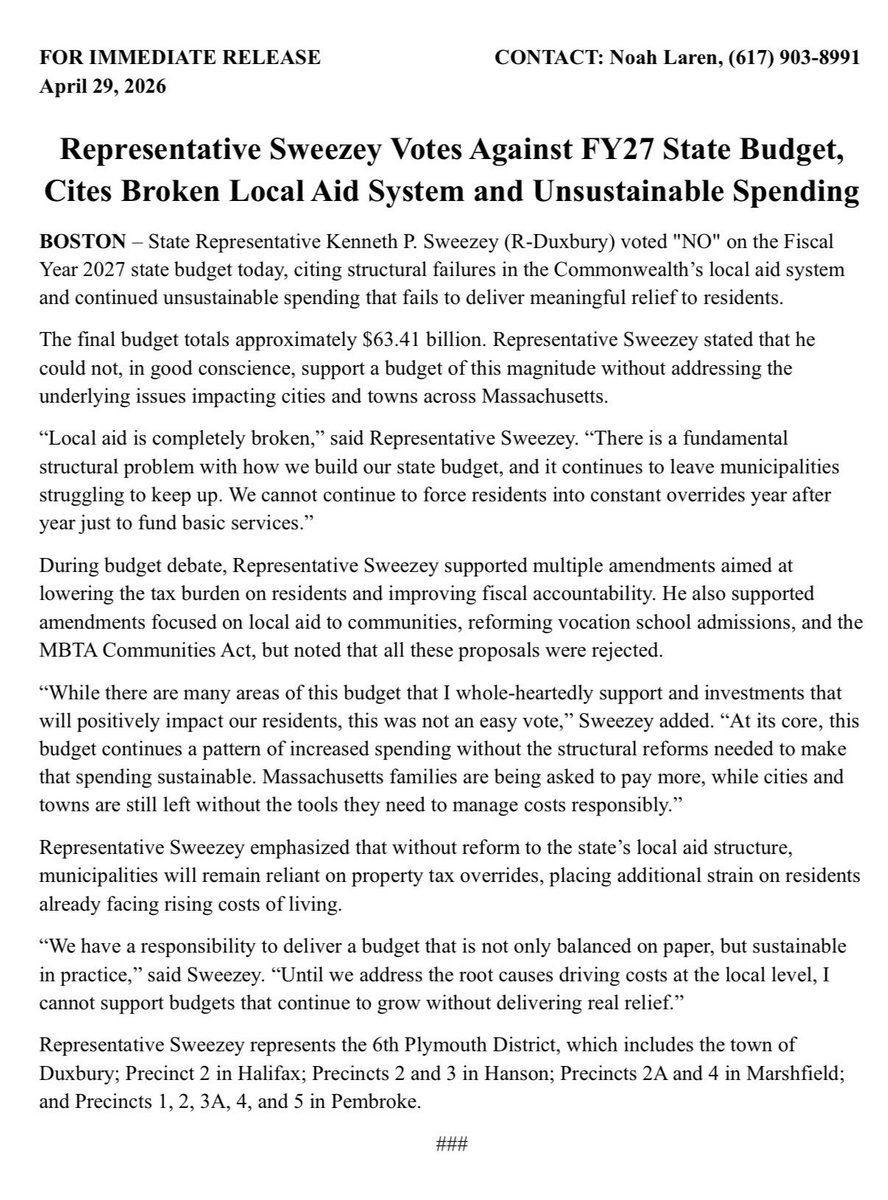 RepSweezey's tweet image. Proud to be a member of the caucus fighting to bring sustainable long term success to the Commonwealth. We cannot continue down the same path. Through common sense amendments and holding the line we can find a better way. #mapoli