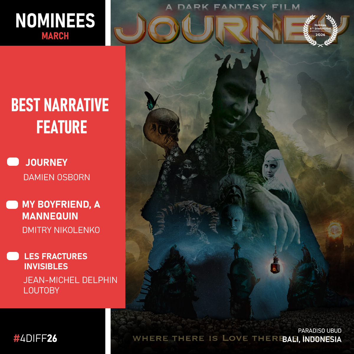 4D_FilmFest's tweet image. Congratulations to the Nominees.
Thanks for your participation and contribution to the world of Independent Cinema.

#Nominee #bali #ubud #fdiff2026 #filmfreeway #filmfreeway