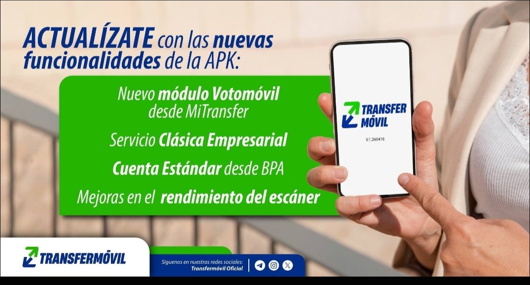 FrankNizF's tweet photo. La nueva versión de #Transfermóvil, incluye nuevos servicios y mejoras en su APK. ACTUALÍZATE. https://t.co/cQtOpAdf28