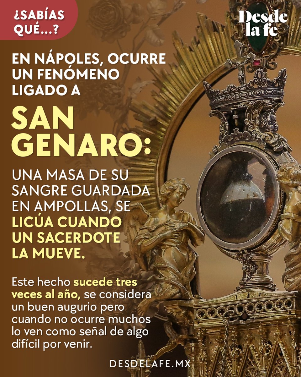 En Nápoles ocurre algo que desafía toda lógica. 😮

¡La sangre de San Genaro se vuelve líquida tres veces al año!

Te contamos por qué. dlf.desdelafe.mx/4tabQID 

#Nápoles #SanGenaro #Licuefacción