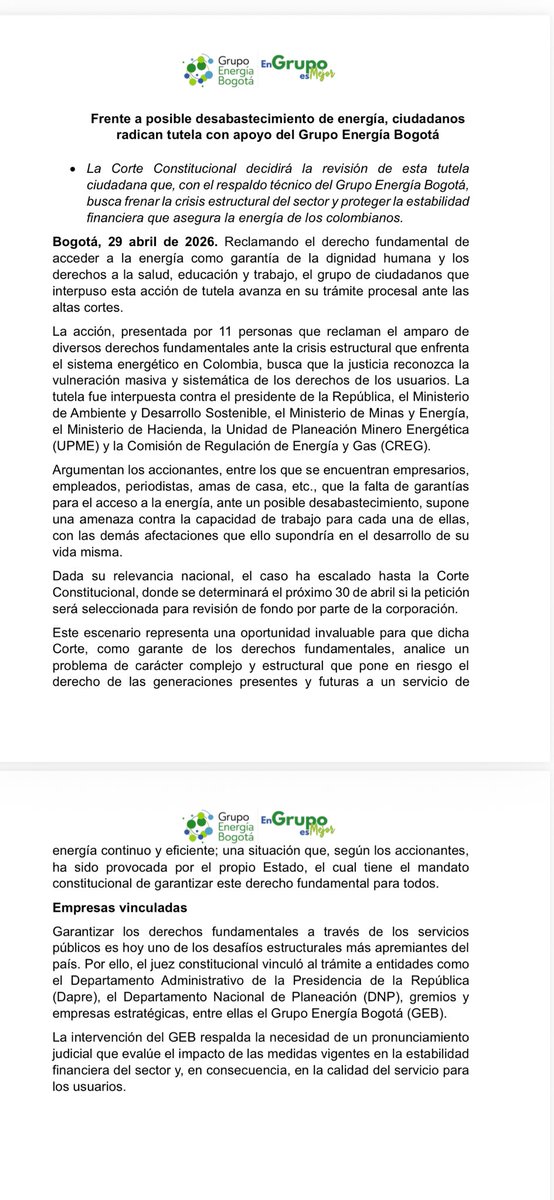 manolitosalazar's tweet photo. Atención: Riesgo de desabastecimiento eléctrico escala a la Corte Constitucional (@CConstitucional):  Ciudadanos presentaron tutela con soporte del @GrupoEnergiaBog. En juego: derechos fundamentales y estabilidad del sistema energético. https://t.co/JsPRPvGMbG