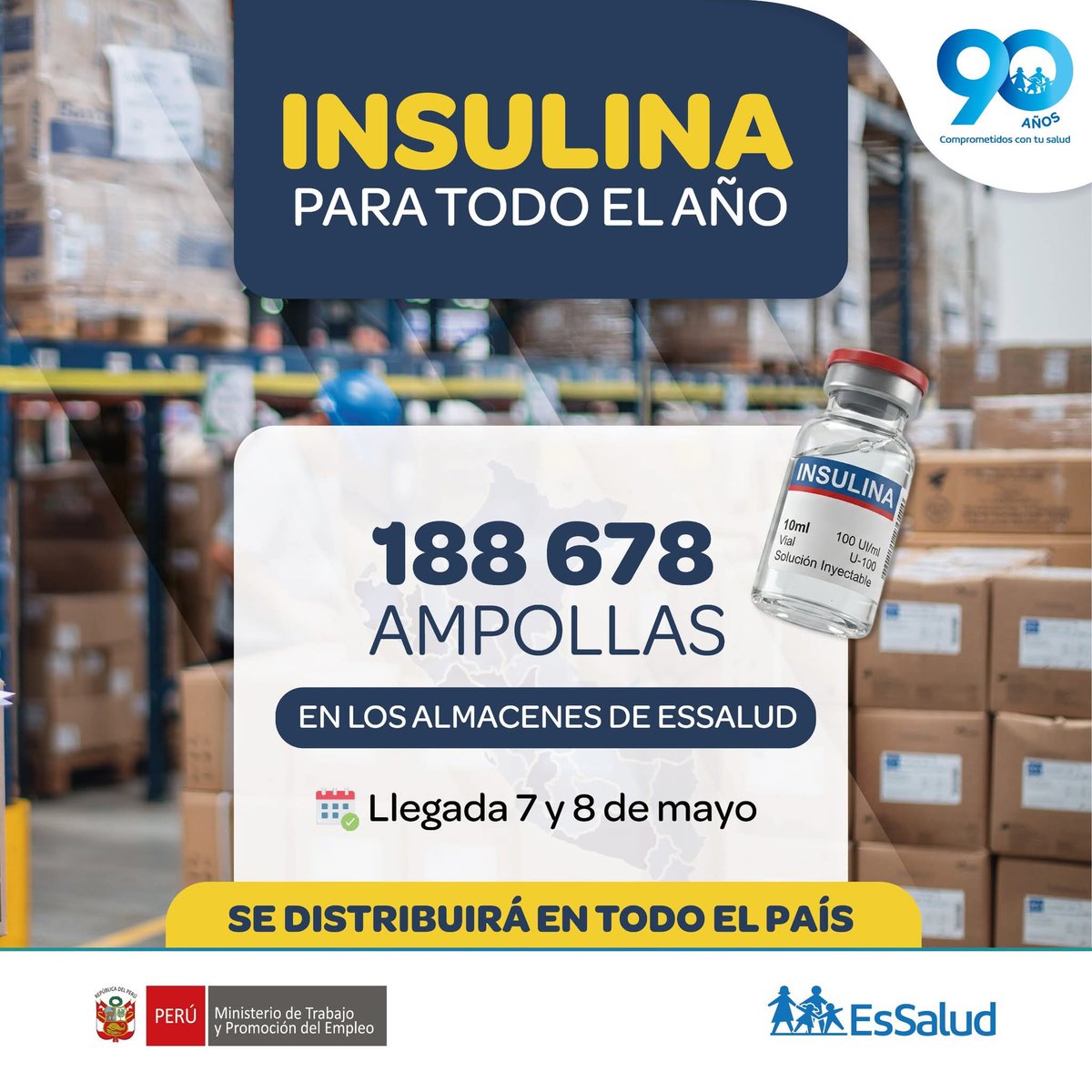 EsSaludPeru's tweet photo. ¡Garantizamos insulina para todo el año! 💙💉
#EsSaludInforma que el nuevo cargamento ya se encuentra en la etapa final de control de calidad. El proceso de internamiento y distribución se ejecutará de la siguiente manera:
✅ 7 y 8 de mayo: Ingreso a los almacenes centrales.
✅ Inmediato: Distribución a nivel nacional para todos nuestros asegurados.
Trabajamos para que tu tratamiento nunca se detenga. 💪🇵🇪
Más información aquí: https://t.co/R5P9tUrjRt