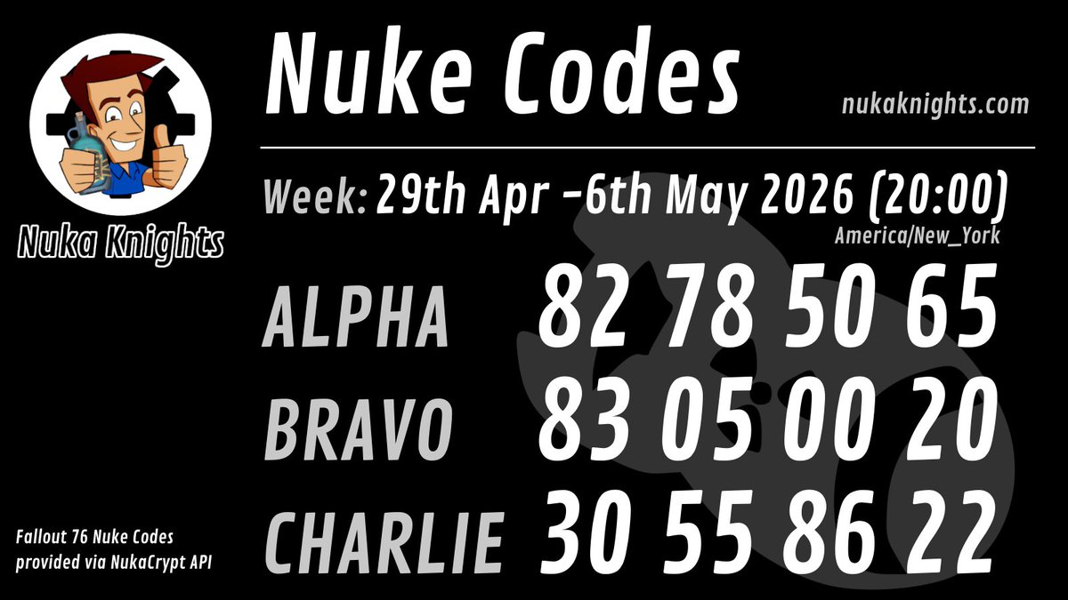 nukaknights's tweet photo. New #NukeCodes for this week. #fallout76 https://t.co/OndoIqmBfw https://t.co/WB9mxXuG1r