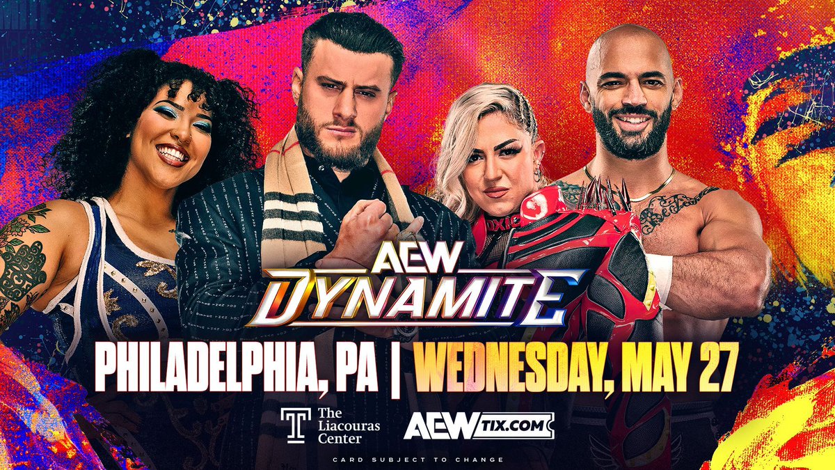 AEWLive's tweet image. PHILLY!
Feel the fallout from Double Or Nothing when #AEWDynamite returns to the @LiacourasCenter on Wednesday, May 27!

Tickets are on sale NOW!

🎟️ ticketmaster.com/event/02006471…