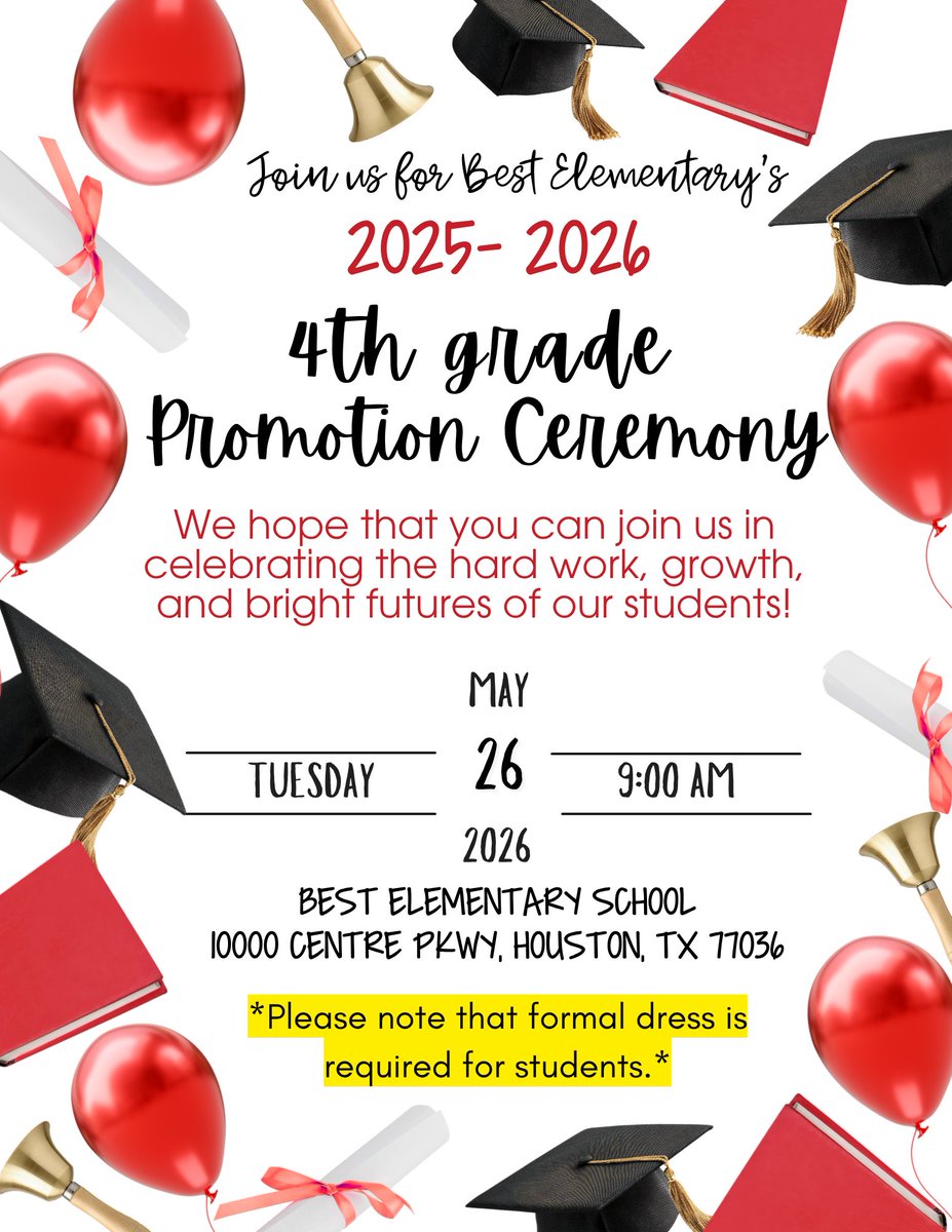 Best_Bulldogs's tweet photo. 🎈 Save the Date! 🎈
We are proud to announce our 4th Grade Graduation!
Families, we look forward to celebrating this milestone with you as our students move on to new adventures! @AliefISD @BClarkleads https://t.co/cKyrmdMQaG