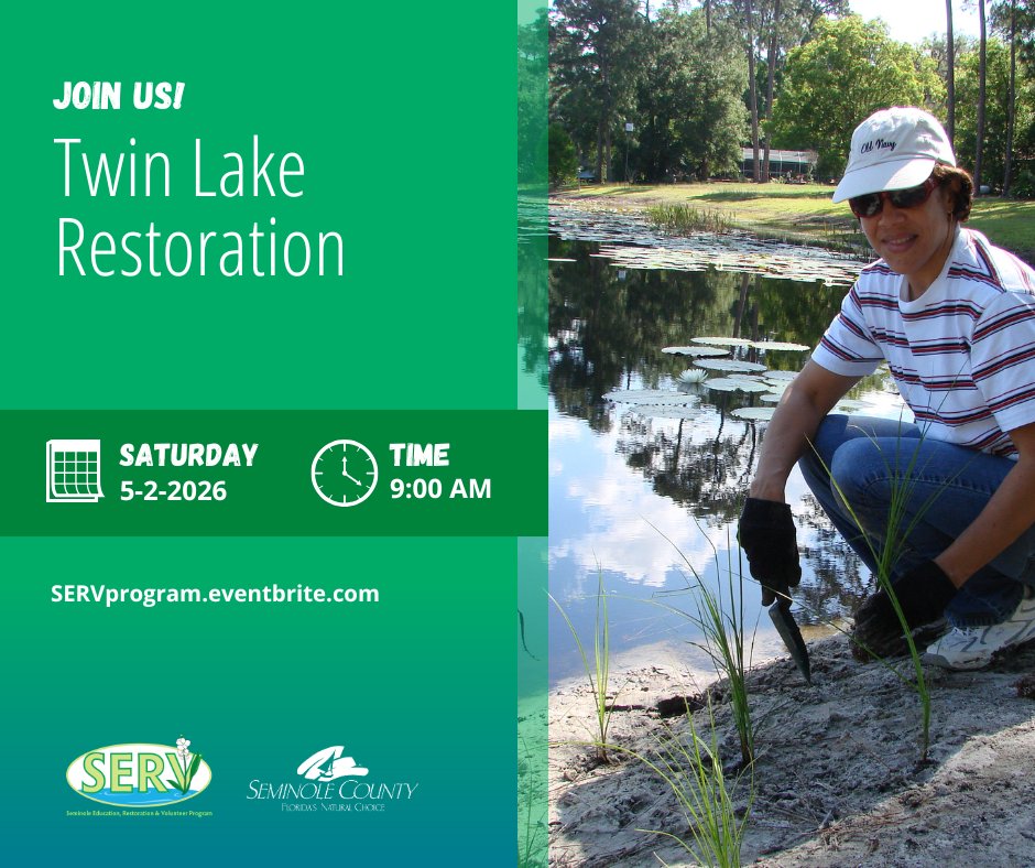 SERVProgram's tweet photo. VOLUNTEERS NEEDED: Join the Seminole County Lake Management Program and the SERV Program this Saturday to help protect Twin Lake! Volunteers will plant native shoreline plants to improve water quality and wildlife habitat. Signup: https://t.co/vgmI1fAwfD @seminolecounty https://t.co/ppqui5W7Ga