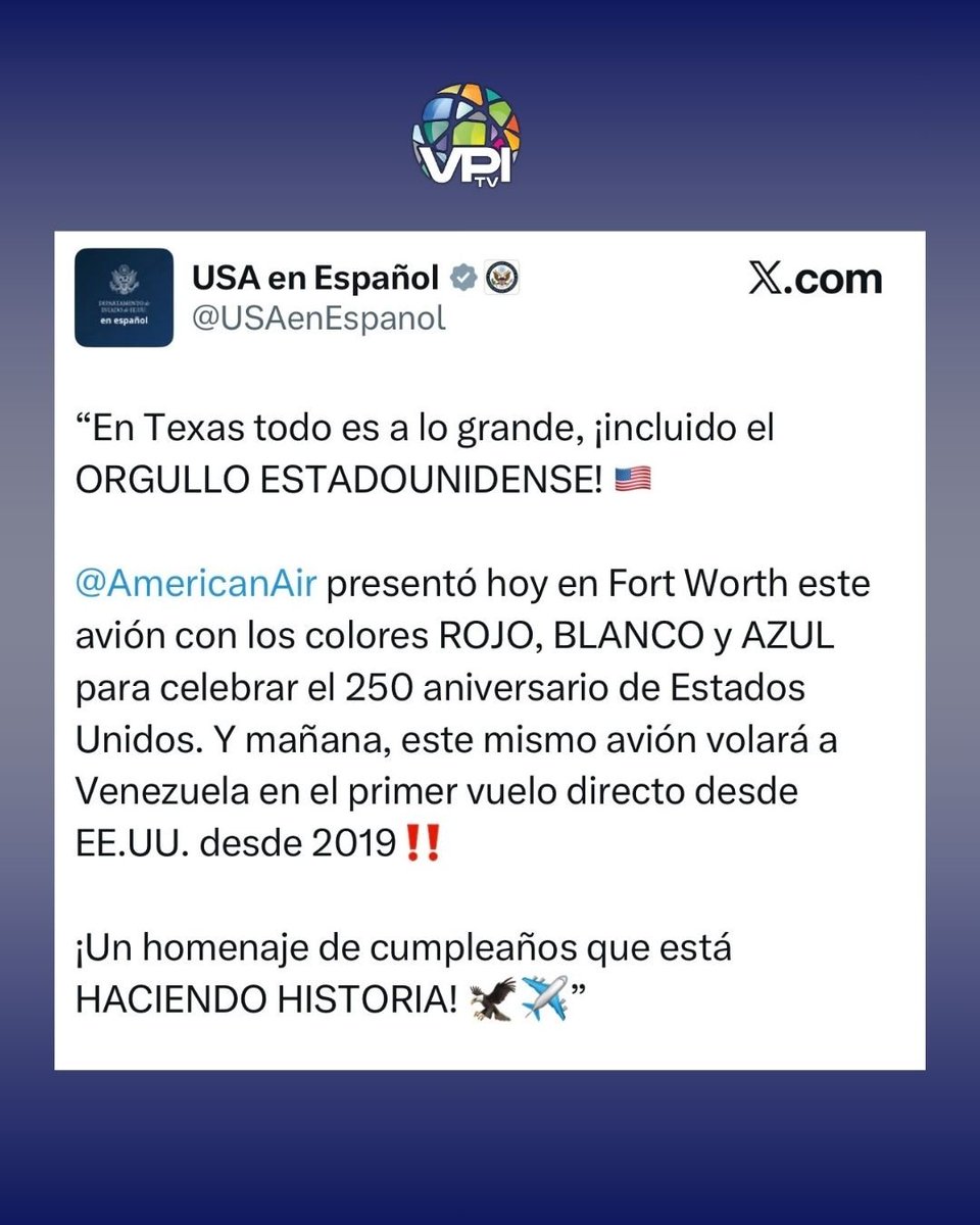 ReporteYa's tweet image. #29Abr #AmericanAir 
@VPITV: American Air presentó un avión conmemorativo por los 250 años de Estados Unidos, el cual hará su primer vuelo “mañana”(30 de abril) hacia Venezuela. 

Este será el primer viaje comercial directo a suelo venezolano desde 2019.
