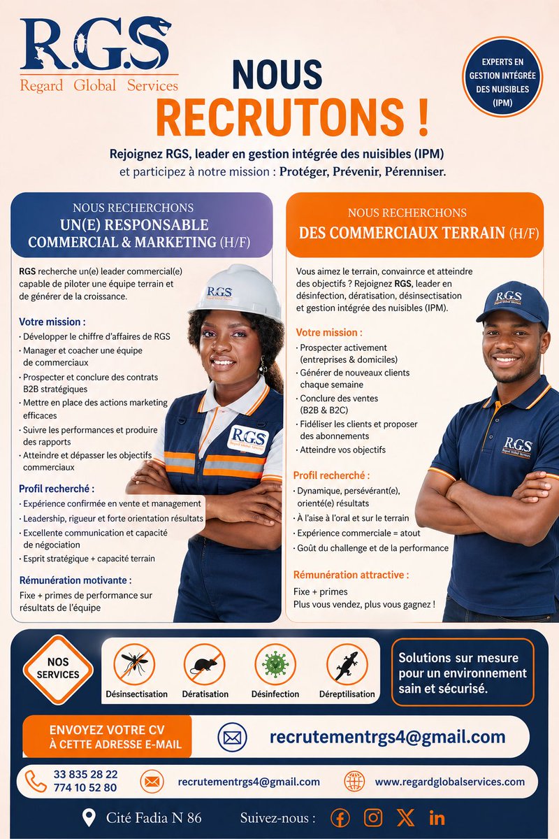 RegardGlobal's tweet photo. Regard Global Services (RGS), expert en gestion intégrée des nuisibles (IPM), recrute :

👉 Commerciaux terrain (H/F)
👉 Responsable commercial &amp; marketing (H/F)

📩 Envoyez votre CV : recruitmentrgs4@gmail.com
📞 Contact : 33 835 28 22 / 77 410 52 80 https://t.co/kYoKwkPJAH