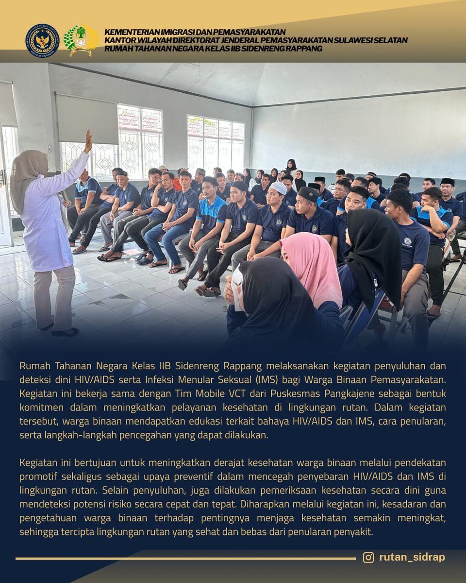 rutan_sidrap's tweet photo. Rutan Kelas IIB Sidenreng Rappang melaksanakan kegiatan penyuluhan dan deteksi dini HIV/AIDS serta Infeksi Menular Seksual (IMS) bagi Warga Binaan Pemasyarakatan. 
@kemenimipas @ditjenpas @pemasyarakatan.sulsel @pasvoice.id @galeri_pemasyarakatan
#kemenimipas
#ditjenpas https://t.co/I3noeBXXXU