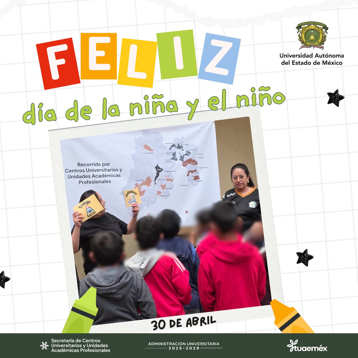 SECCUUAPUAEMEX's tweet photo. Hoy celebramos a las niñas y niños que con su curiosidad nos inspiran a construir una mejor Universidad. ¡Feliz #DíaDelNiño, @UAEM_MX! 🏛️👧👦

#InfanciasFelices #tuaemex https://t.co/j6QF7cR7tK