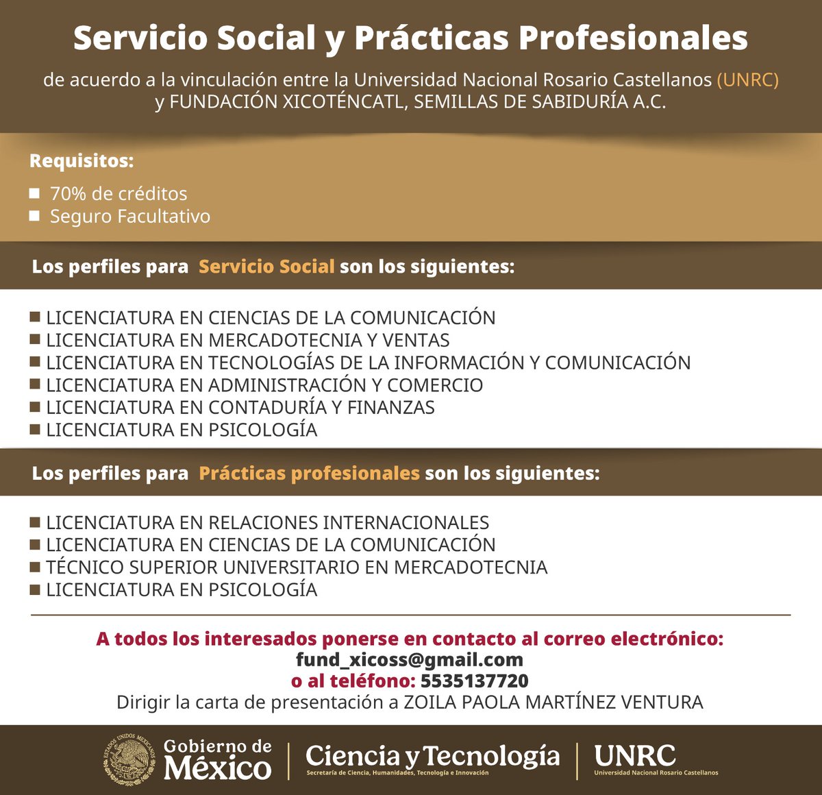 UNRCastellanos's tweet photo. 📢 Sigue tu camino profesional con tu #ServicioSocial y #PracticasProfesionales 🙌
La UNRC en vinculación con Fundación Xicoténcatl, Semillas de Sabiduría A.C. te invita a integrarte.
Consulta perfiles y requisitos en la imagen y revisa los datos de contacto 📩
#SomosUNRC https://t.co/B9645vMmMz