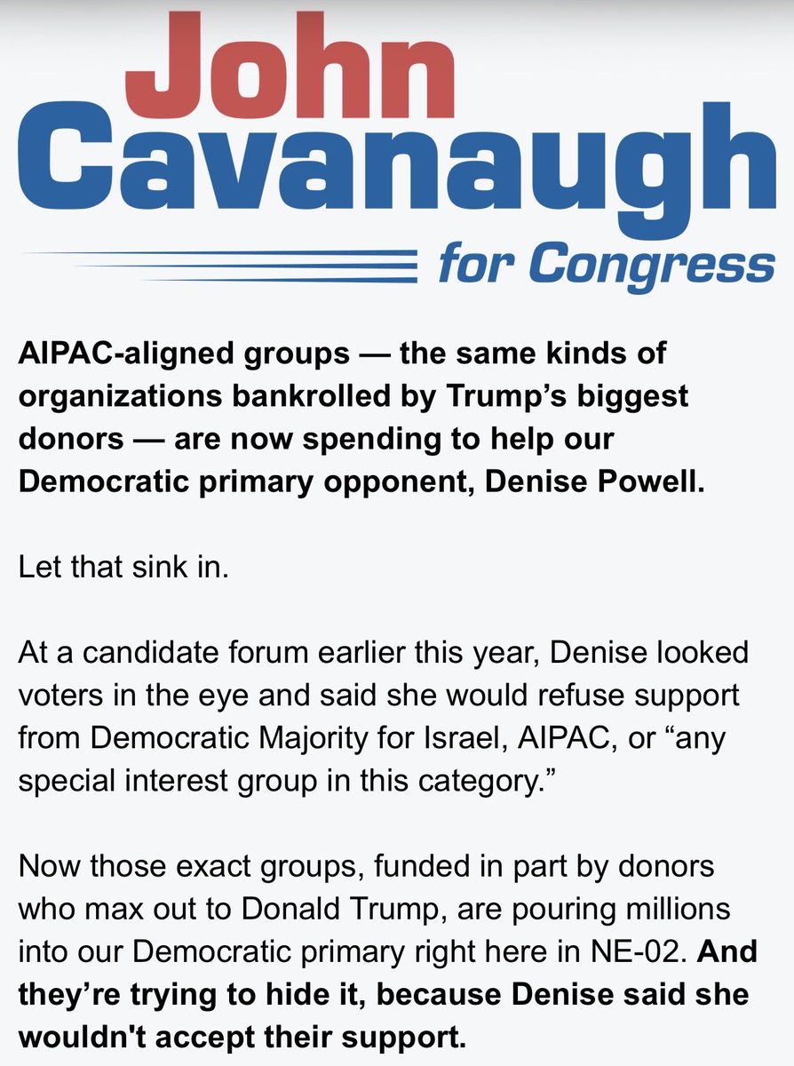 AllysonOtten's tweet image. #NE02 Don’t be fooled by DenisePowell and #MAGA ‼️

Denise has done what she told voters she wouldn’t do: taking money from #AIPAC aligned groups, Democratic Majority for Israel, “or any special interest groups in this category.” 

Tell Denise NO!
#VoteCavanaughForNE02