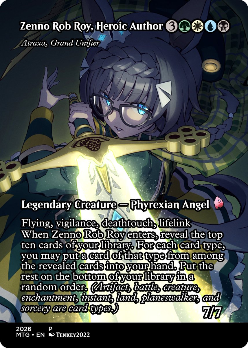 Kyubikirby's tweet image. My follower @Whats_Up_Gamer plays a Blink Atraxa, so I had to make it, and when I asked who to make it as, he posted an adorable Zenno Rob Roy gif, and I did what I do. Zenno Rob Roy as Atraxa, being the hero we need. Stunning art by @tenkey2022 

#Umamusume
#MtG