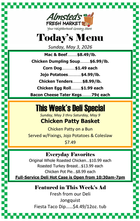 almstedsmarket's tweet image. New Deli Special through Saturday, May 9: Chicken Patty Basket w/Fixings, Jojo Potatoes &amp;amp; Coleslaw.

#deli #lunch #dinner #takeout 
#almstedsmarket #almsteds