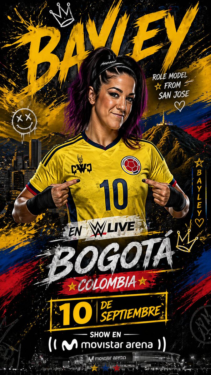 ColombiaWWE's tweet photo. @itsBayleyWWE, Colombia is calling.

The WWE Universe here is ready to go ALL IN… now we just need YOU.

Bogotá is waiting. The crowd is loud.

The moment is yours.

Will you show up? 👀 #WWEColombia
#QueremosWWEenColombia🇨🇴 https://t.co/RkXWseuVlR