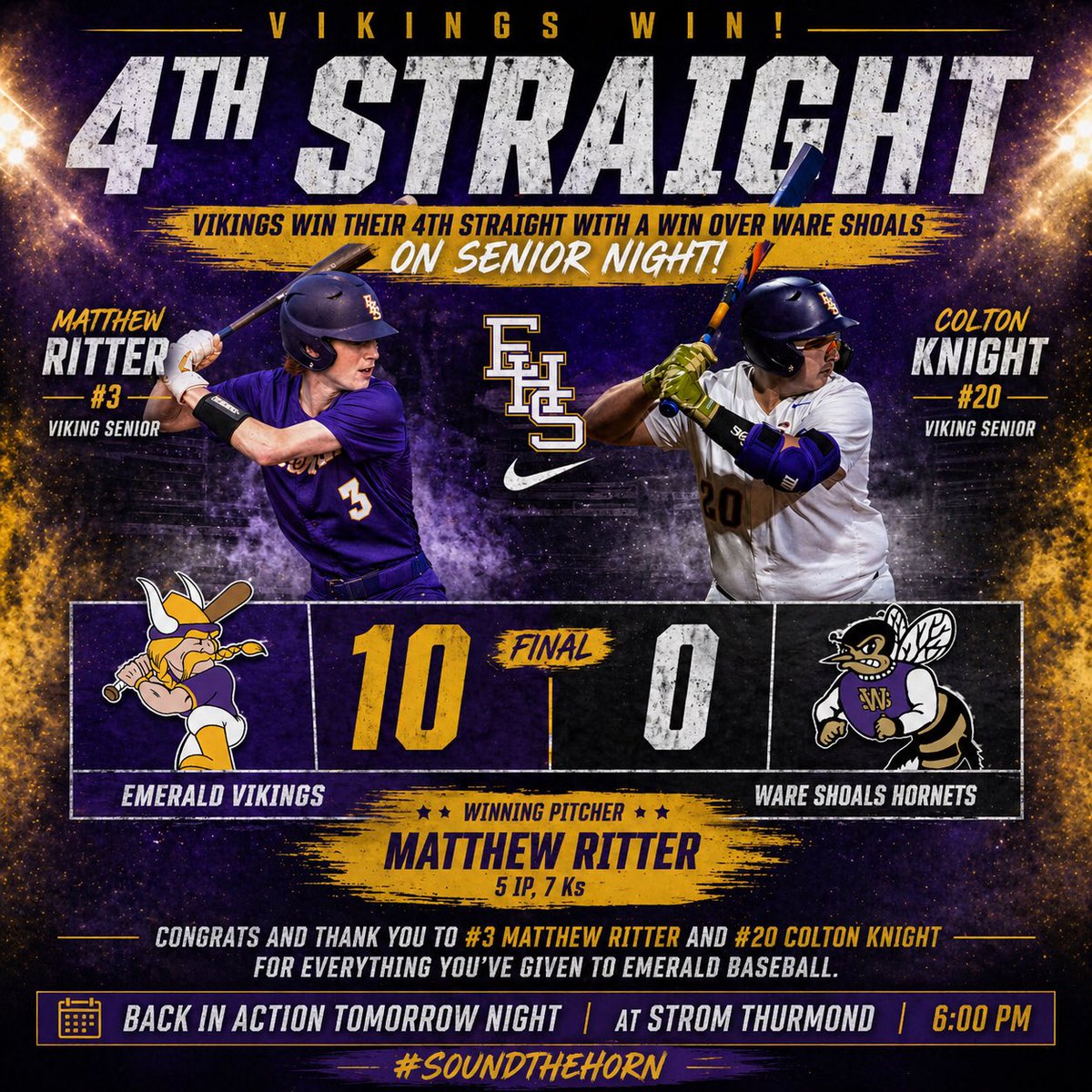 EHSVikingBSBL's tweet photo. Vikings win their 4th straight with a win over Ware Shoals on Senior Night!

Final: 10-0

Winning Pitcher: Matthew Ritter — 5 IP, 7 Ks

Back in action tomorrow night at Strom Thurmond — 6:00

#SoundTheHorn https://t.co/kCUhoPhFQE