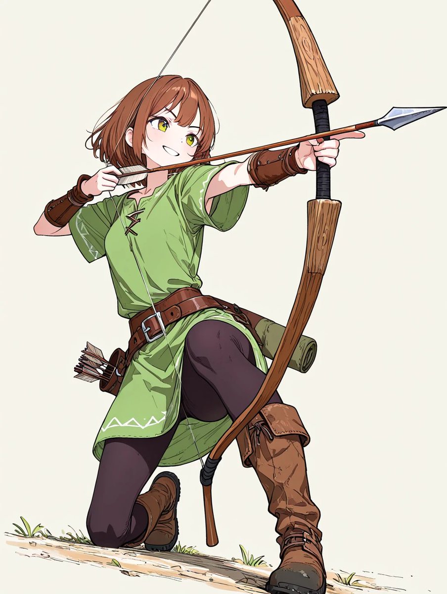 huku_ken_ai_sub's tweet image. 3月投稿の振り返り_31
シンプルな衣装を出すのは、逆に色々指定が必要で大変なことがあります。

green cotton tunic, brown leather bracers, simple wooden longbow, small leather quiver with few arrows, leather belt, dark leggings, sturdy hiking boots, leather arm guard

#AIイラスト