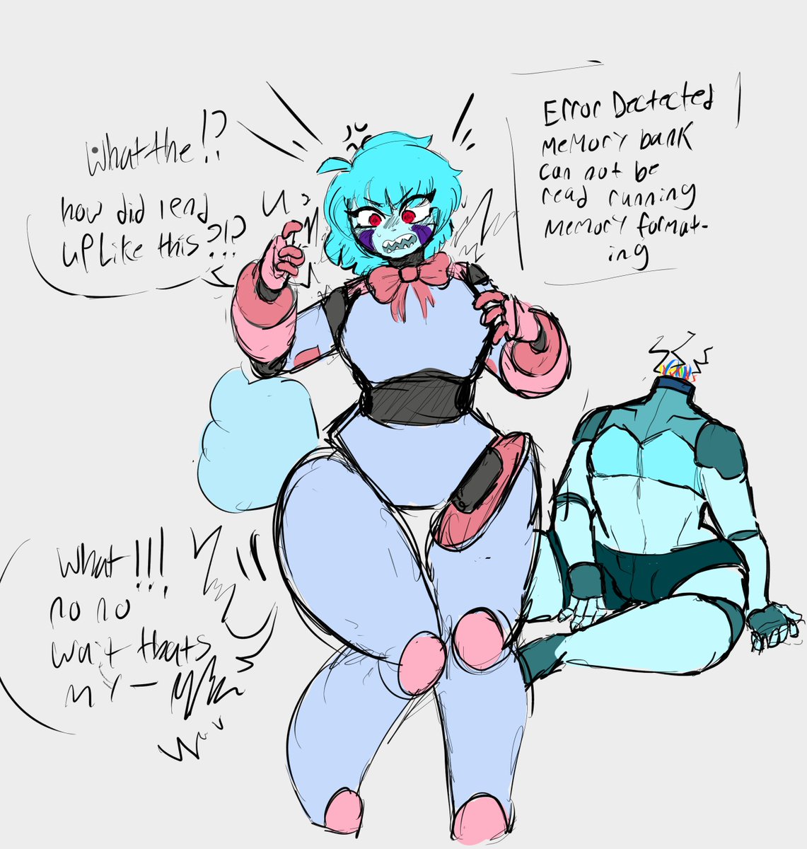 swirly_bunny's tweet photo. Sorry for the lack of posts this month, been working on my finals!! 
 So as a treat here is a head swap sketch of fantersfanes OC, Jack-E!! getting their poor head stuck on a silly old Oc of mine's body https://t.co/UkHrJpggao