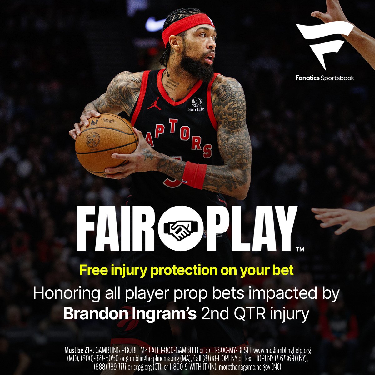 FanaticsBook's tweet photo. FAIR PLAY™ activated. Honoring all player prop bets impacted by Brandon Ingram's 2nd Qtr injury …

At ZERO extra cost to anyone 🤝 https://t.co/jOl5OffF5E