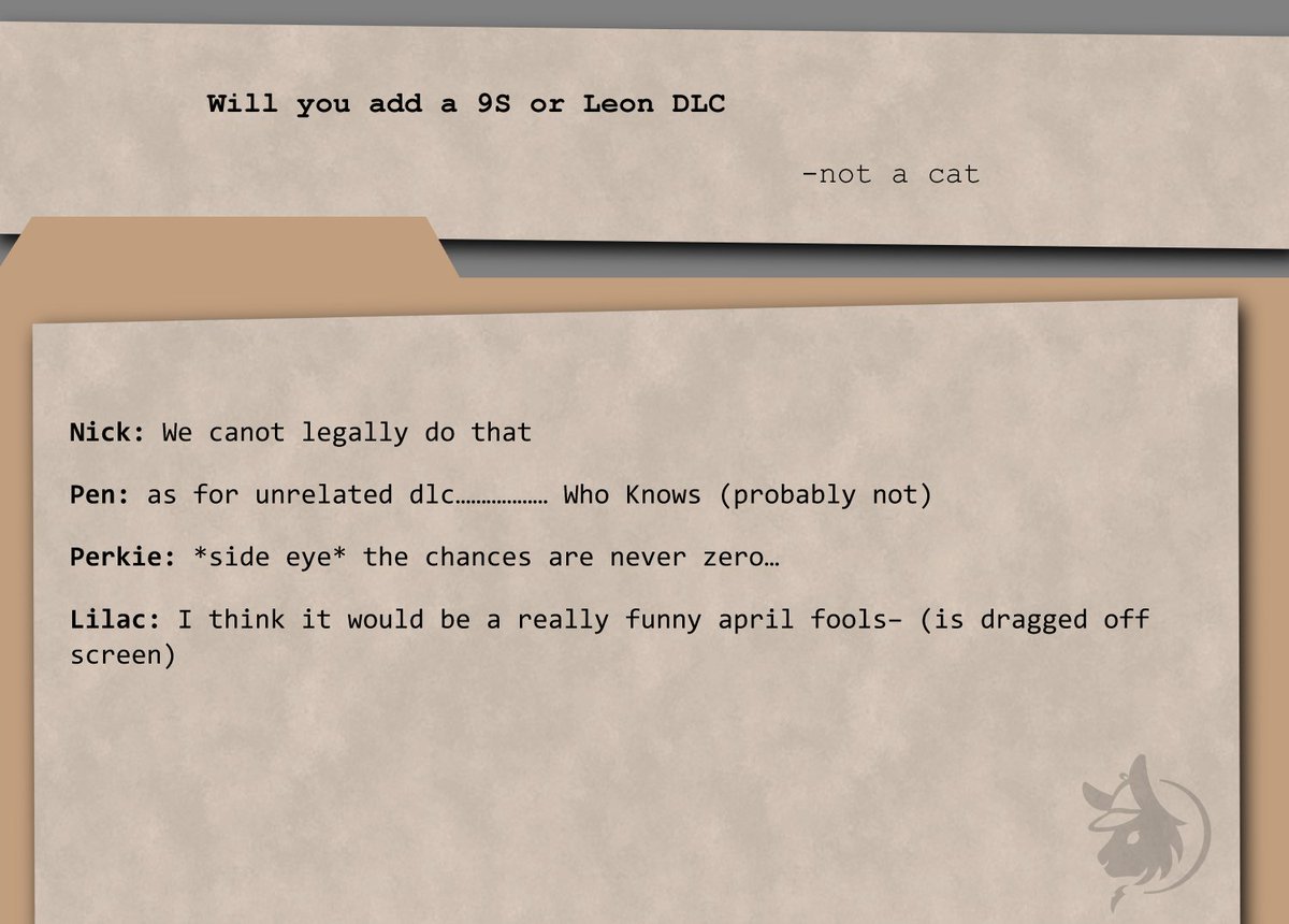 InksmouthFiles's tweet photo. Q3: "Will you add a 9S or Leon DLC?"

A3:

#AParamnesisNovella https://t.co/IYZ5Bn4kkp
